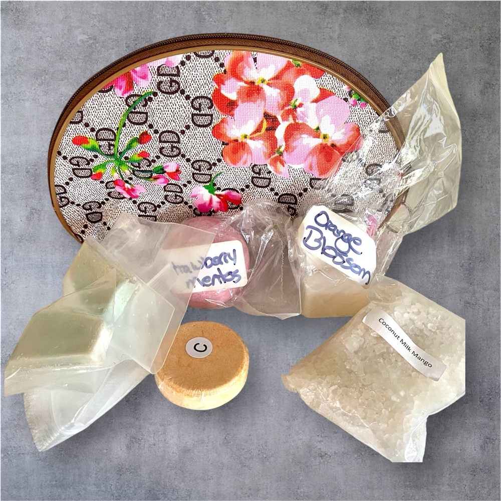 5/$25 7 piece  Cosmetic Bag with Bath Products shower steamers bath bombs soap